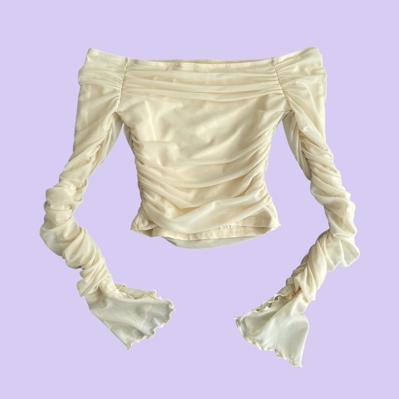 Cream Off Shoulder Ruched Crop Top Ruffle Sleeves Coquette Preppy Y2K Stretch - Picture 2 of 8